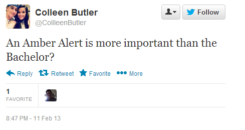 Twitter   CollleenButler  An Amber Alert is more important ...