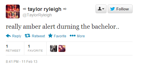 Twitter   TaylorRyleigh  really amber alert durning ...