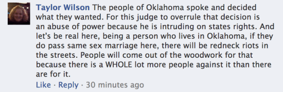 Taylor Wilson Oklahoma Facebook marriage equality